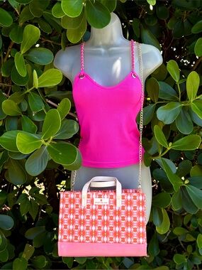 FCT Basics Pink Ribbed Tank Top Size S Gold Chain Straps Stretch Fuchsia Trendy